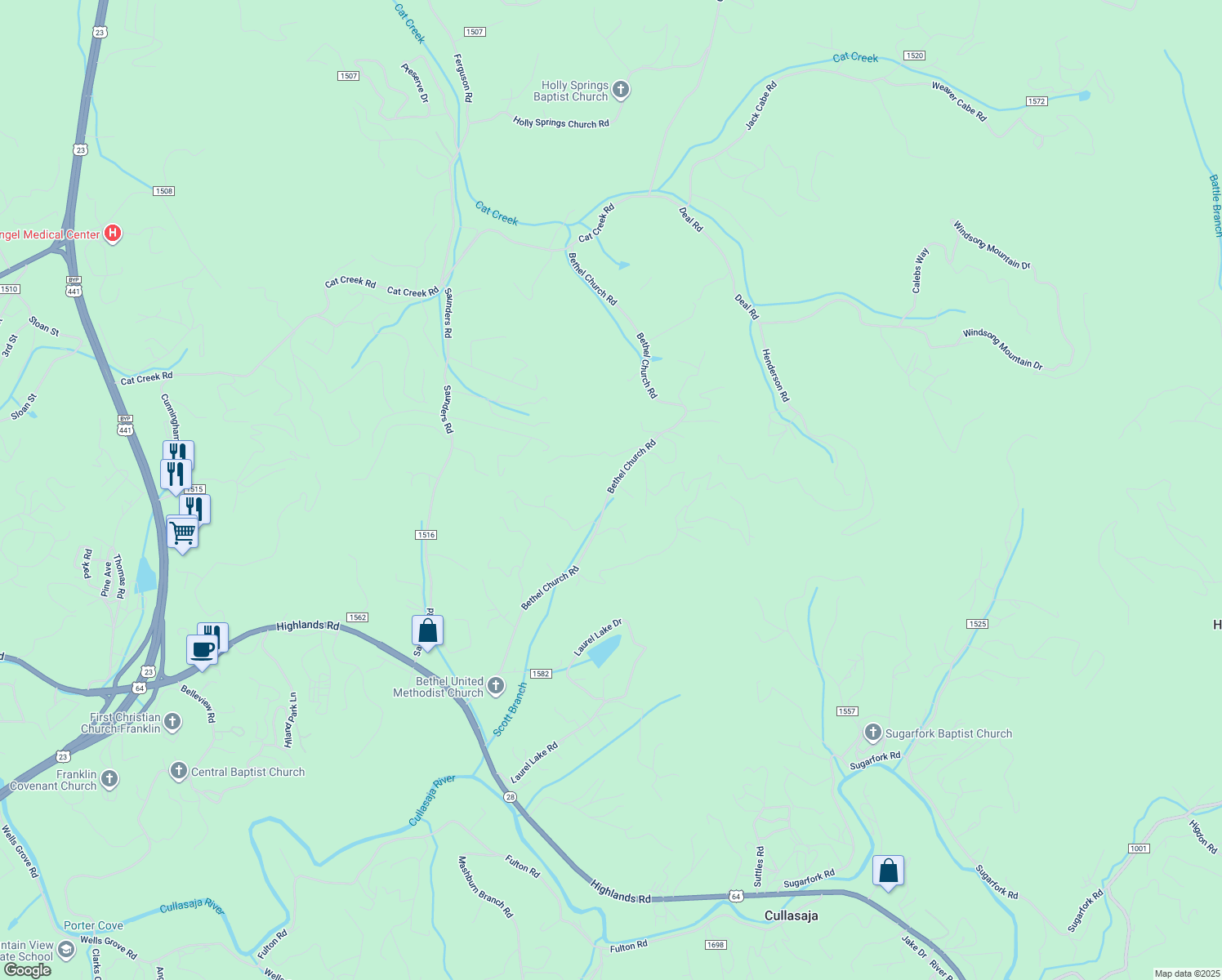 map of restaurants, bars, coffee shops, grocery stores, and more near Bethel Church Road in Macon County