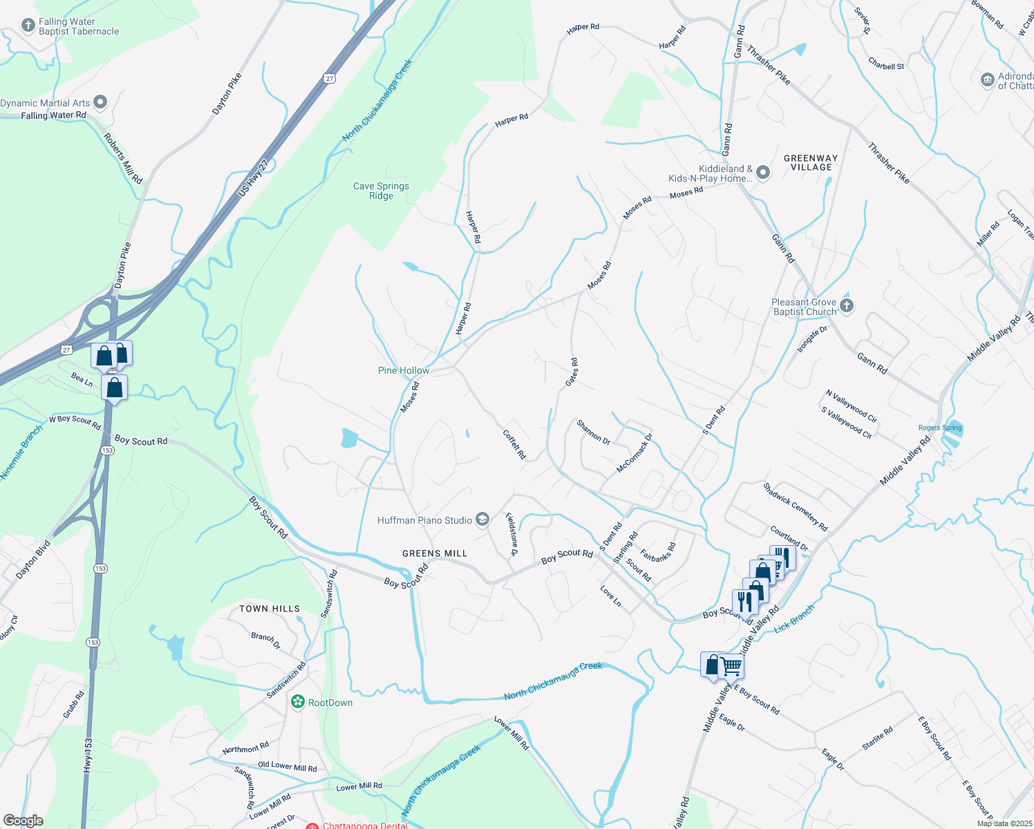 map of restaurants, bars, coffee shops, grocery stores, and more near 309 Hannah Lane in Middle Valley