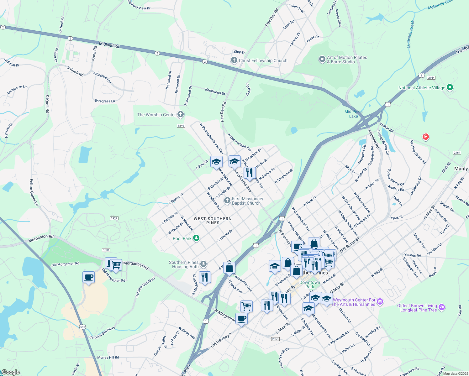 map of restaurants, bars, coffee shops, grocery stores, and more near 1043 West New York Avenue in Southern Pines