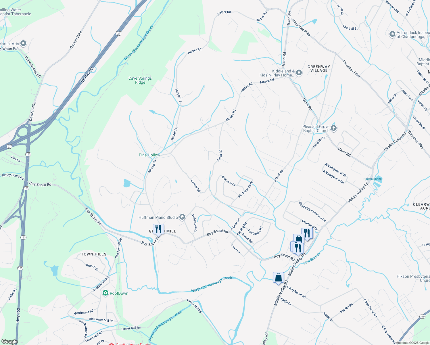 map of restaurants, bars, coffee shops, grocery stores, and more near 7412 Gates Road in Middle Valley