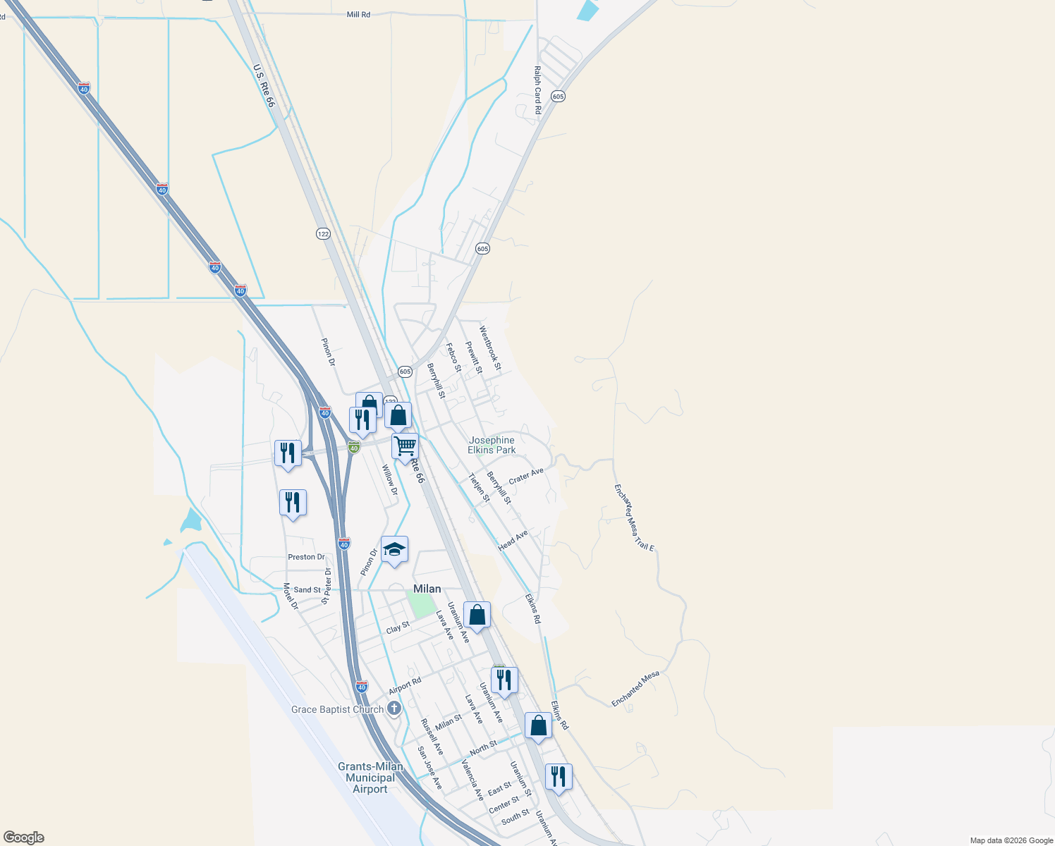 map of restaurants, bars, coffee shops, grocery stores, and more near 509 Haystack Place in Grants