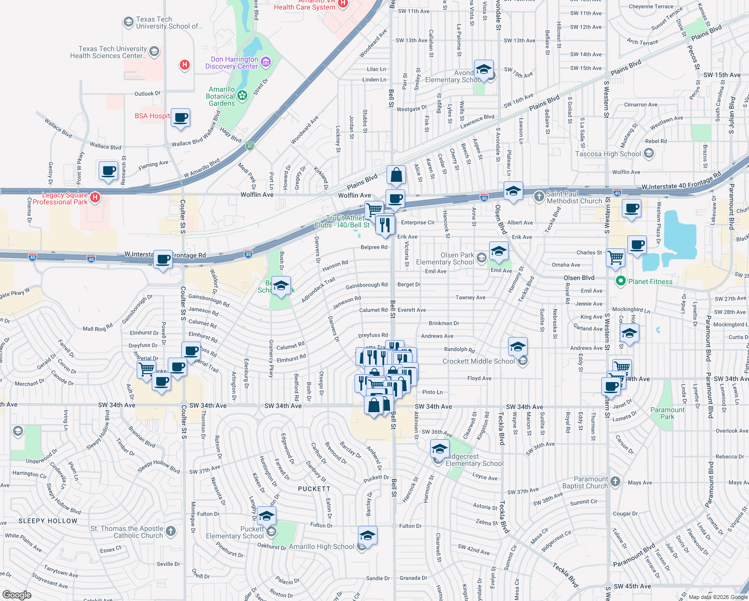 map of restaurants, bars, coffee shops, grocery stores, and more near 6011 Jameson Rd in Amarillo