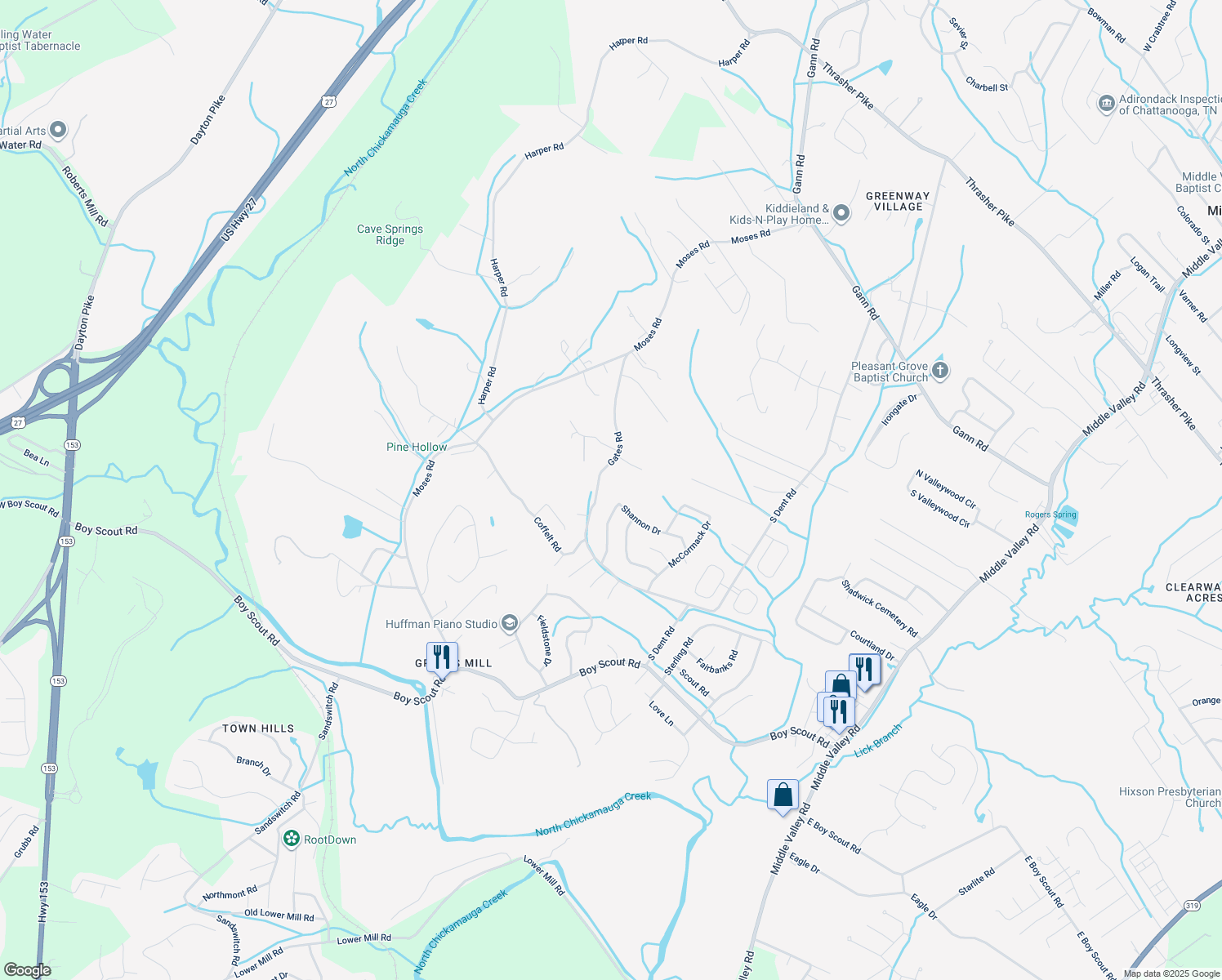 map of restaurants, bars, coffee shops, grocery stores, and more near 425 Shannon Drive in Hixson