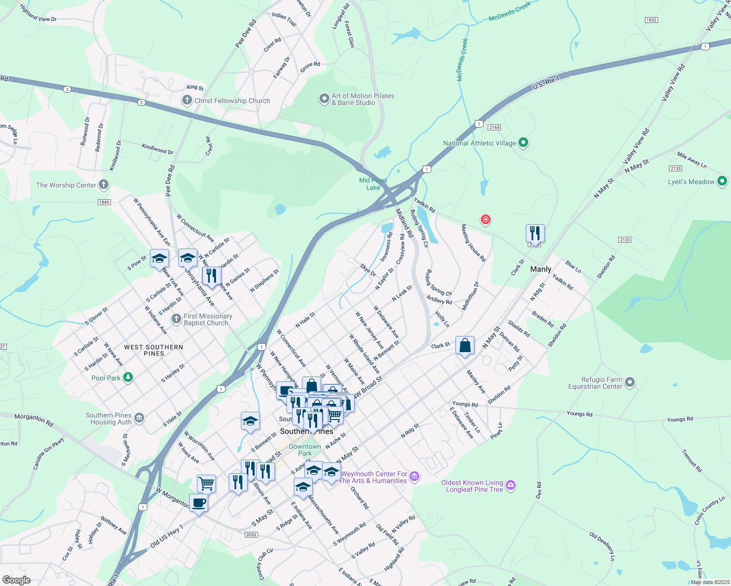 map of restaurants, bars, coffee shops, grocery stores, and more near 17 Villagewood Circle in Southern Pines