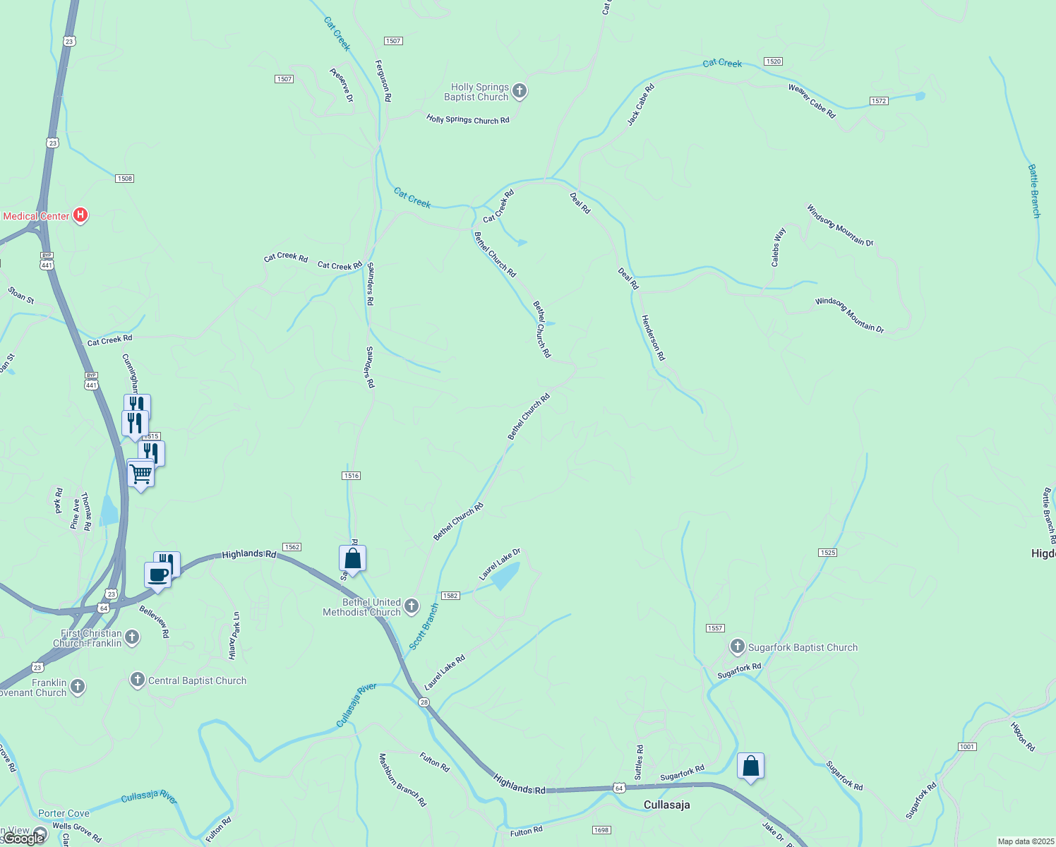 map of restaurants, bars, coffee shops, grocery stores, and more near Bethel Church Road in Macon County