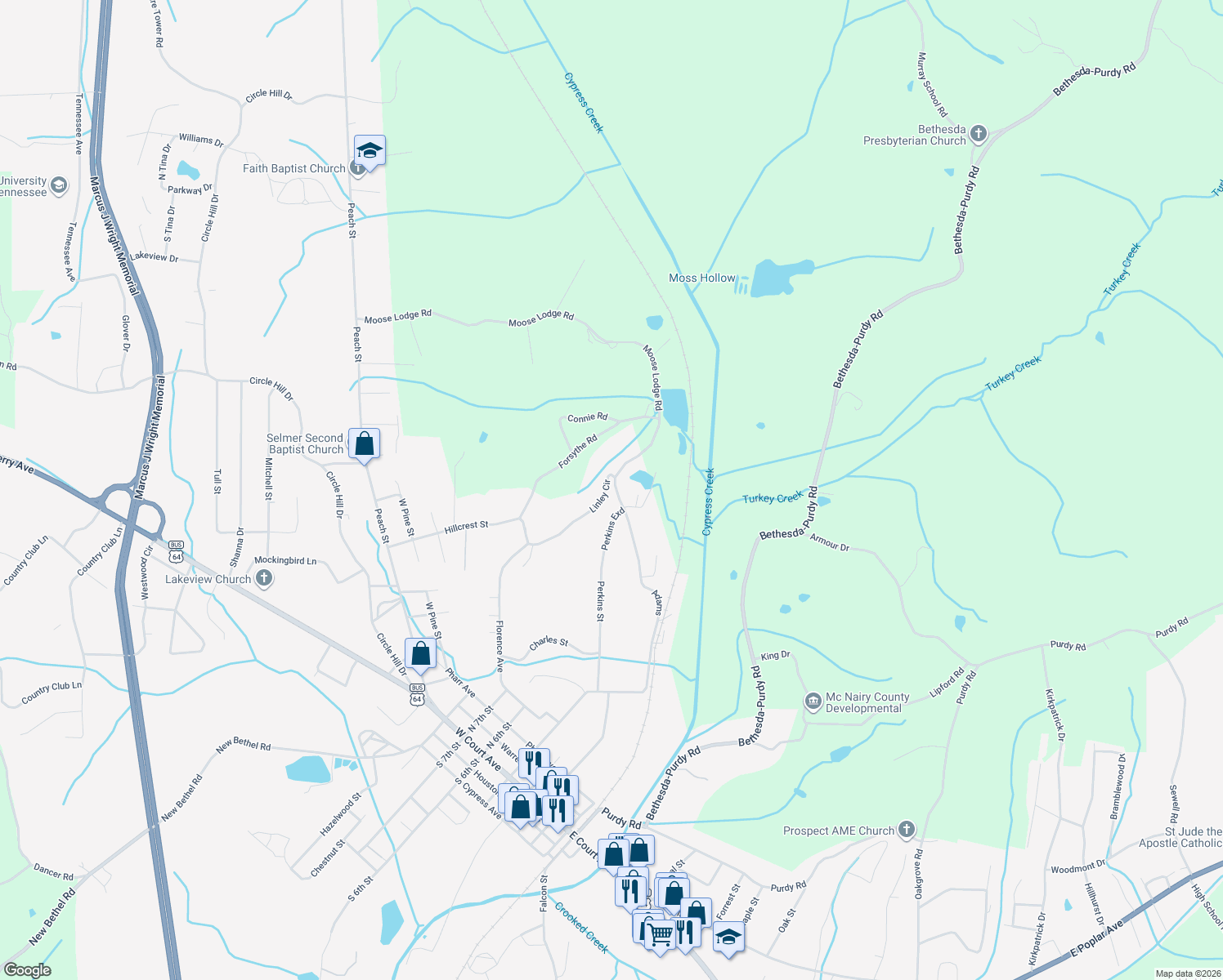 map of restaurants, bars, coffee shops, grocery stores, and more near 33 Linley Cir in Selmer