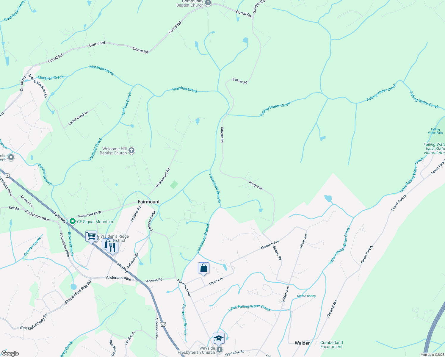 map of restaurants, bars, coffee shops, grocery stores, and more near 6015 Sawyer Road in Signal Mountain