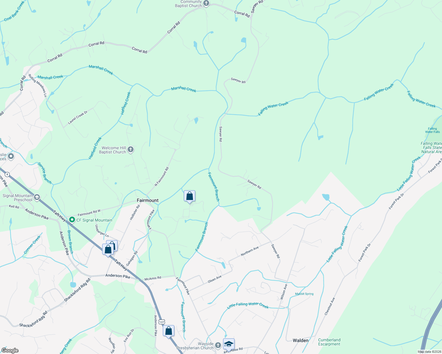 map of restaurants, bars, coffee shops, grocery stores, and more near 6015 Sawyer Road in Signal Mountain