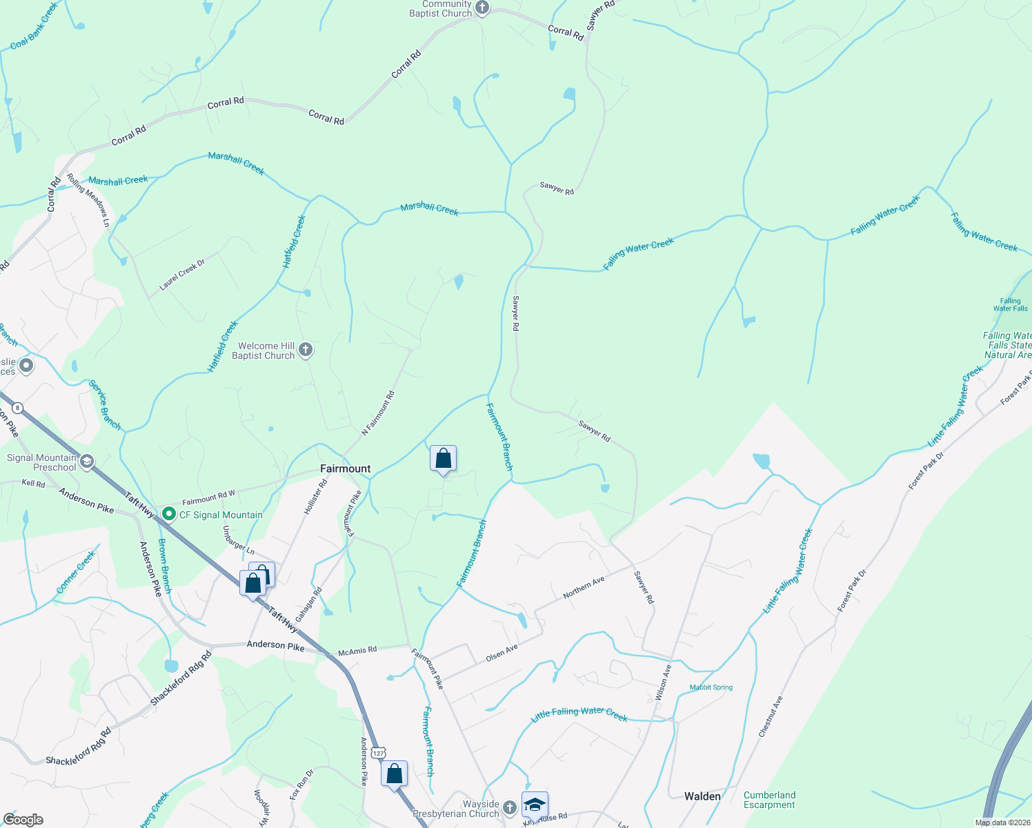 map of restaurants, bars, coffee shops, grocery stores, and more near 6015 Sawyer Road in Signal Mountain
