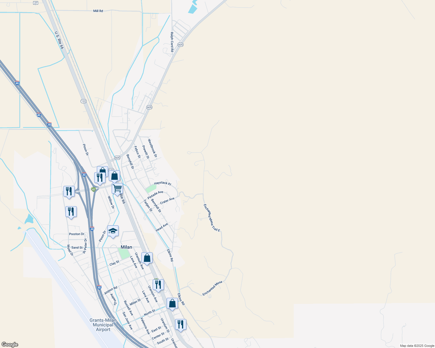 map of restaurants, bars, coffee shops, grocery stores, and more near 42 Top Mesa Road in Grants
