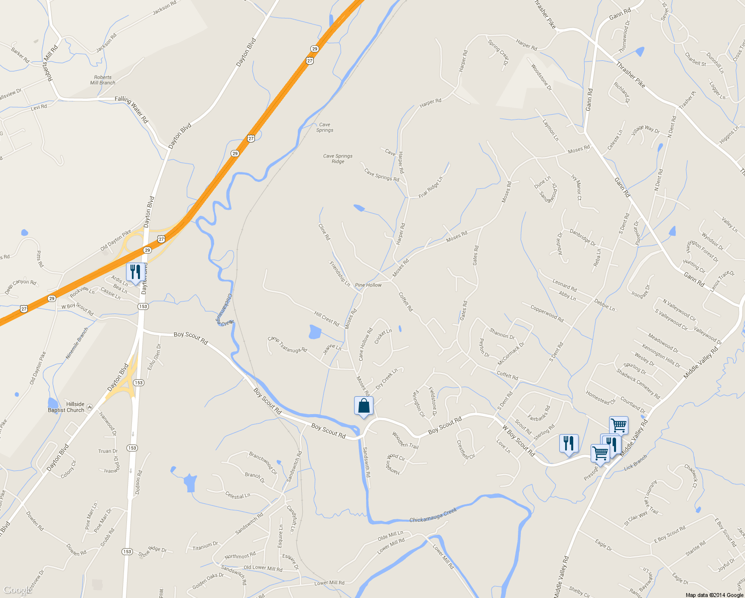 map of restaurants, bars, coffee shops, grocery stores, and more near 7302 Moses Road in Middle Valley