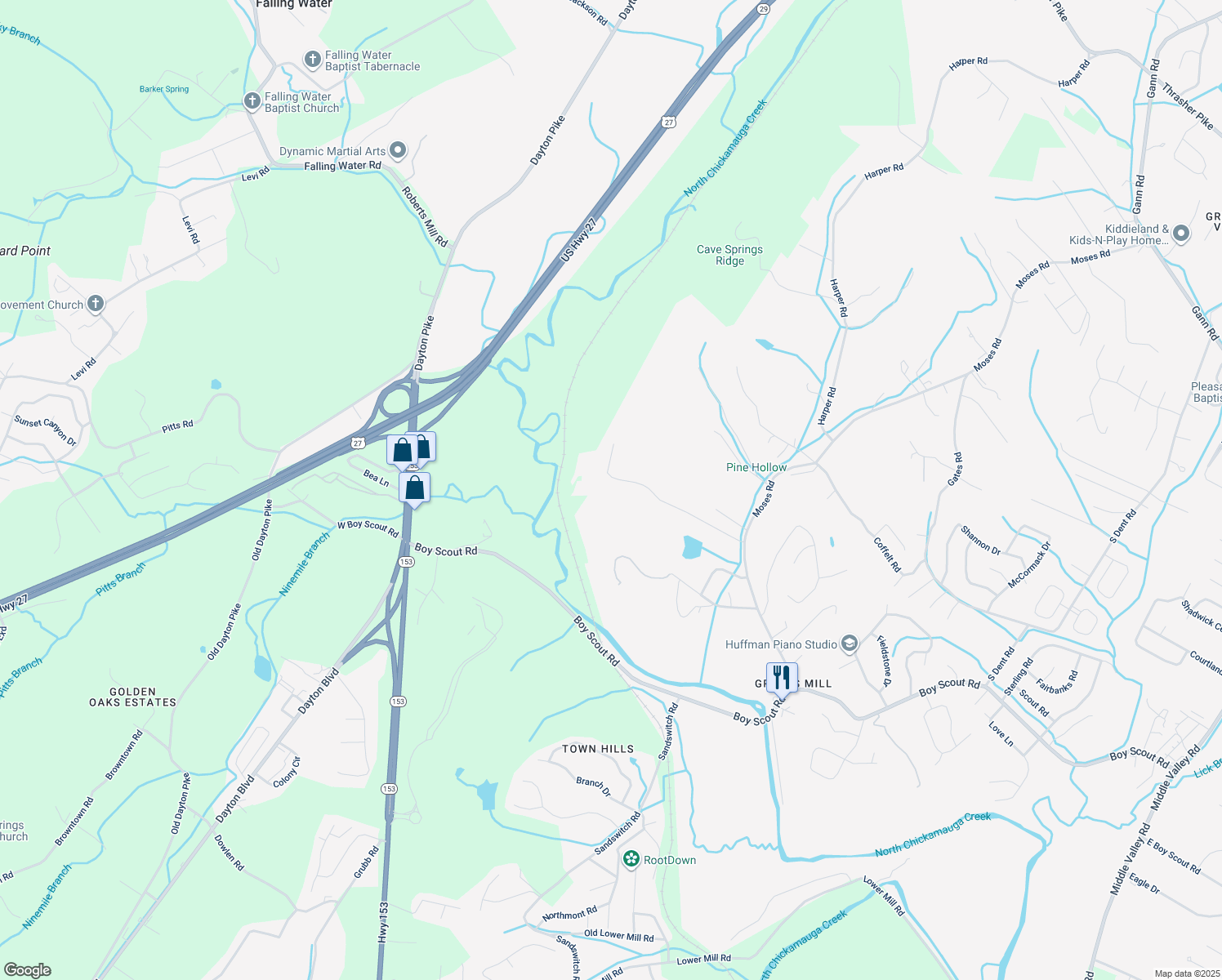 map of restaurants, bars, coffee shops, grocery stores, and more near 1014 Hill Crest Road in Middle Valley