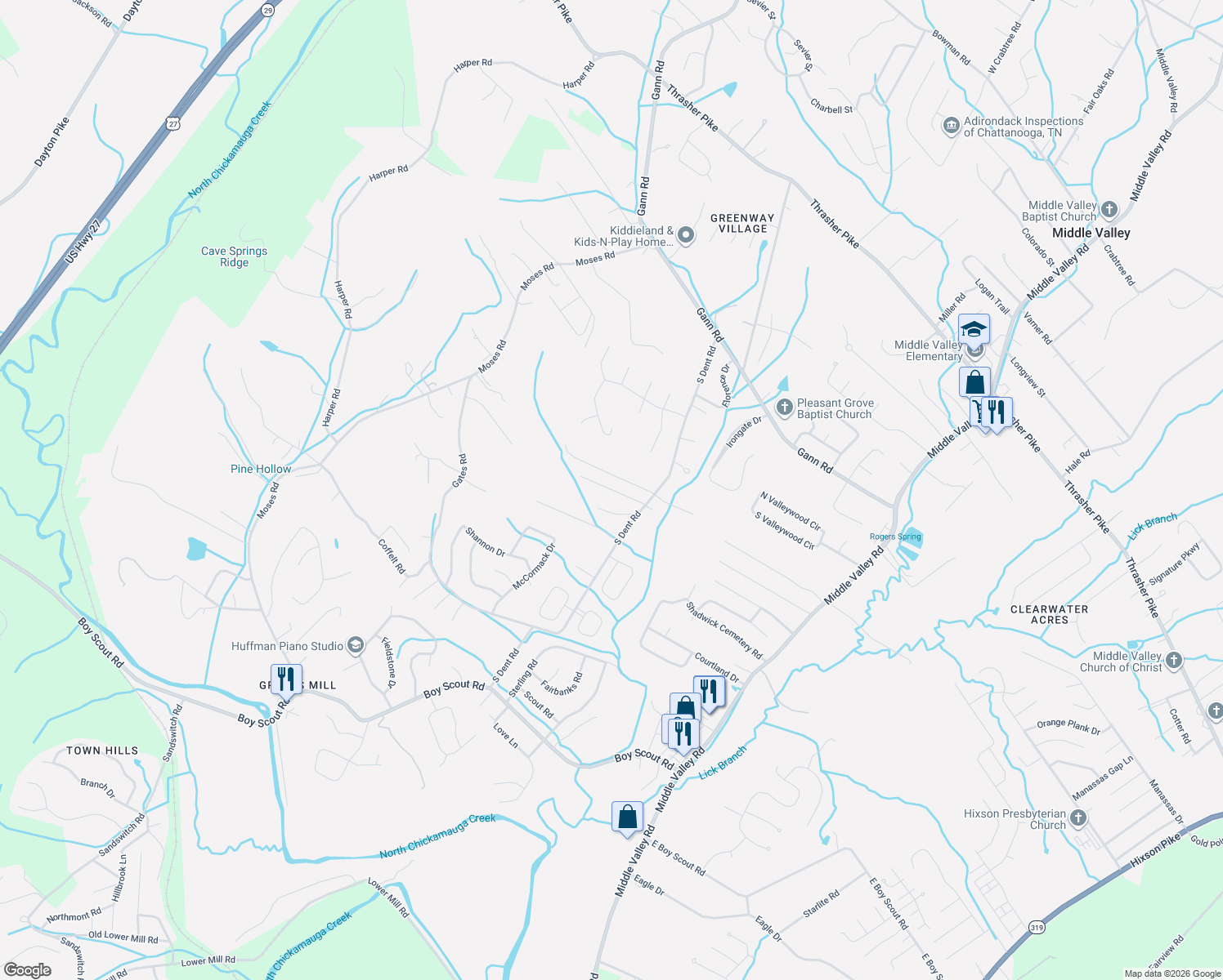 map of restaurants, bars, coffee shops, grocery stores, and more near Abby Lane in Middle Valley