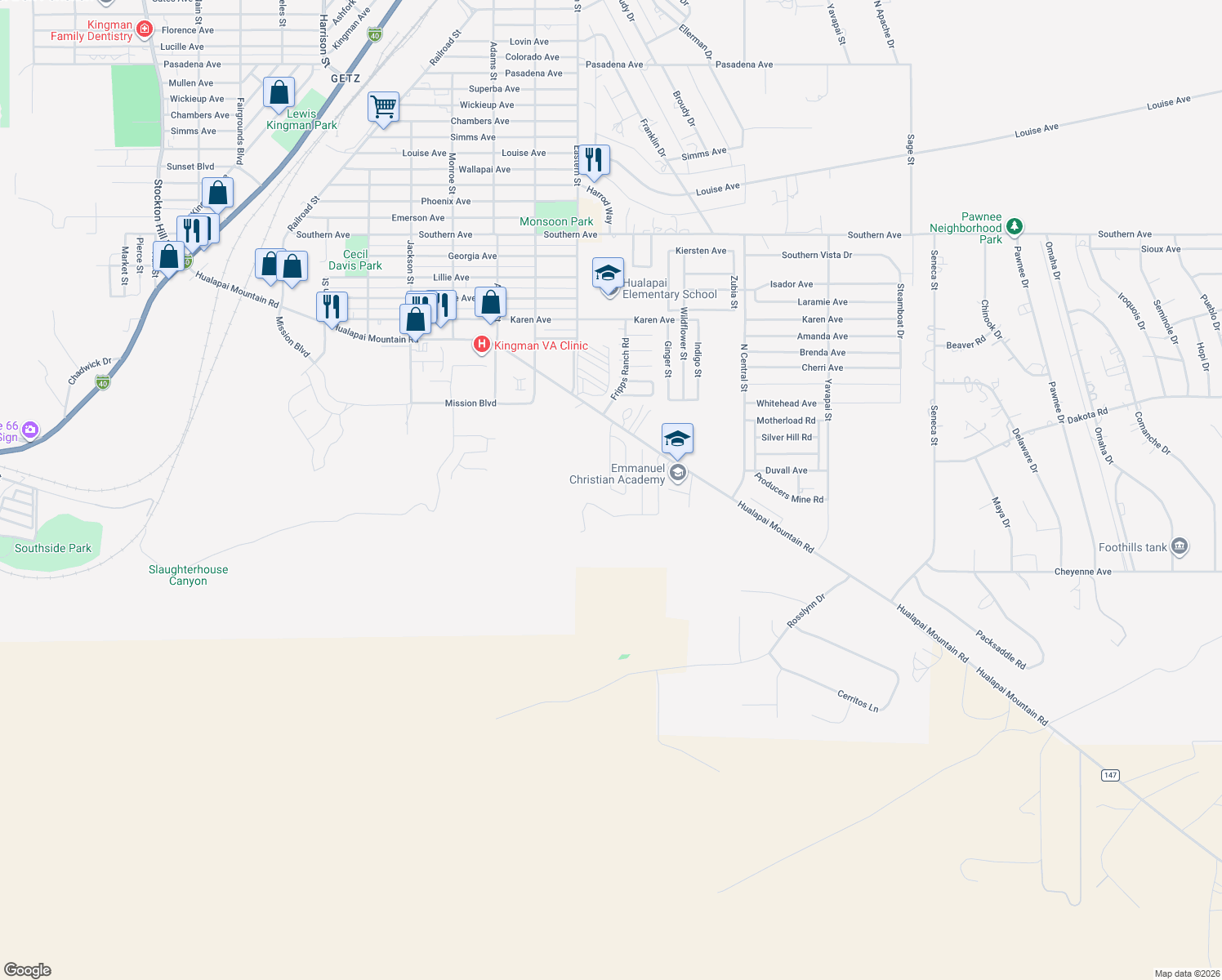 map of restaurants, bars, coffee shops, grocery stores, and more near 2165 Ranch Road in Kingman