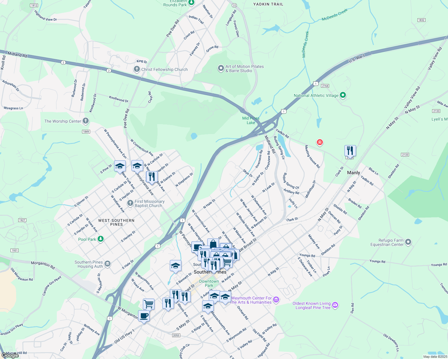map of restaurants, bars, coffee shops, grocery stores, and more near 38 Village Green Circle in Southern Pines