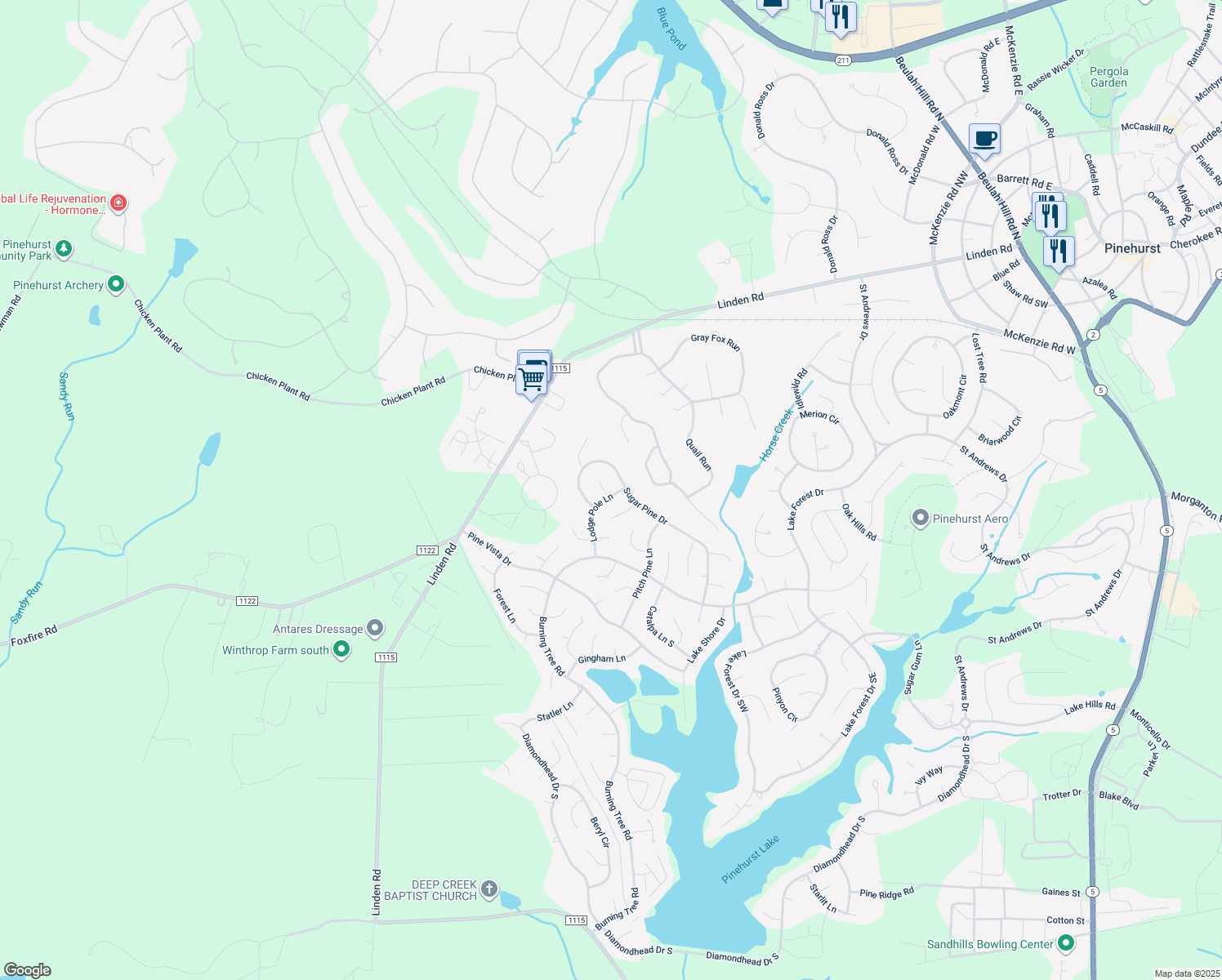 map of restaurants, bars, coffee shops, grocery stores, and more near 14 Lodge Pole Lane in Pinehurst