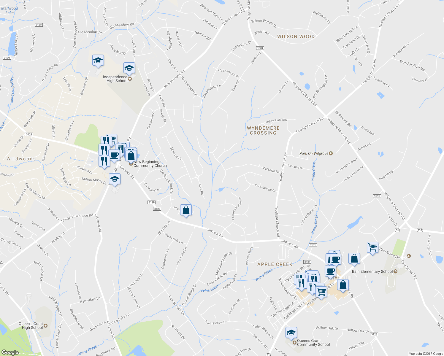 map of restaurants, bars, coffee shops, grocery stores, and more near 7527 Brookwood Valley Lane in Mint Hill