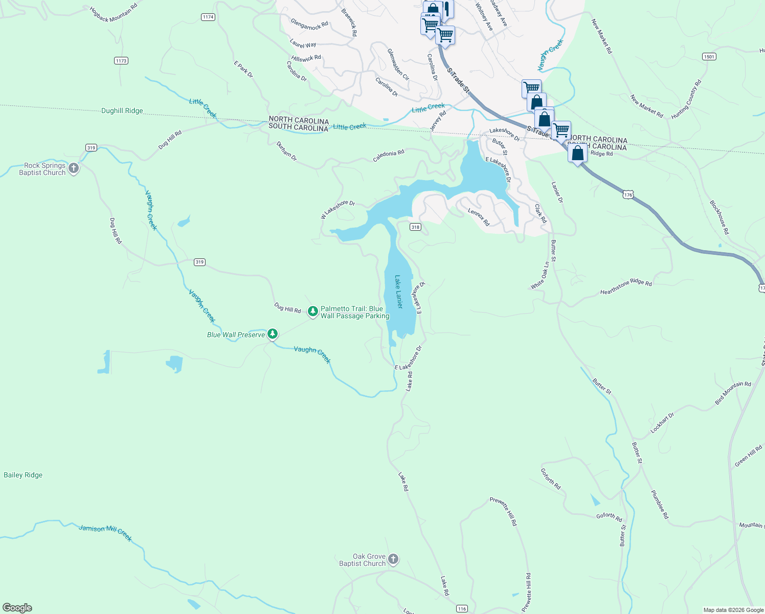 map of restaurants, bars, coffee shops, grocery stores, and more near 1526 W Lakeshore Dr in Landrum