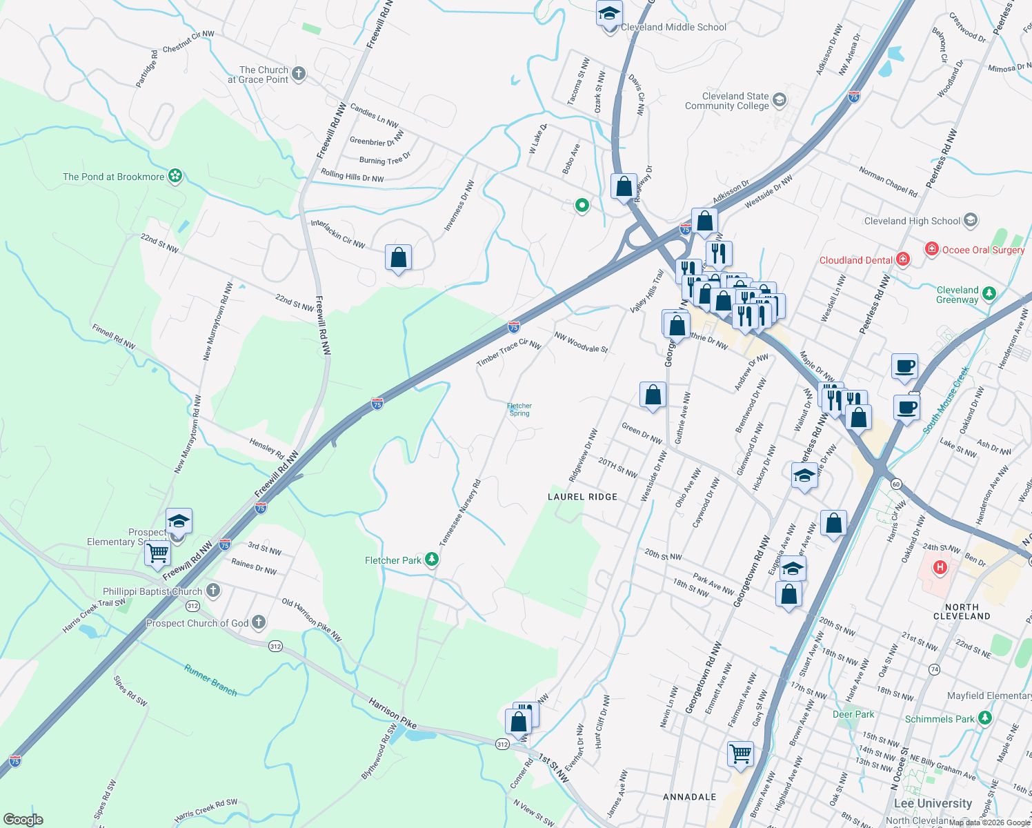 map of restaurants, bars, coffee shops, grocery stores, and more near 2040 Laurel Springs Dr NW in Cleveland