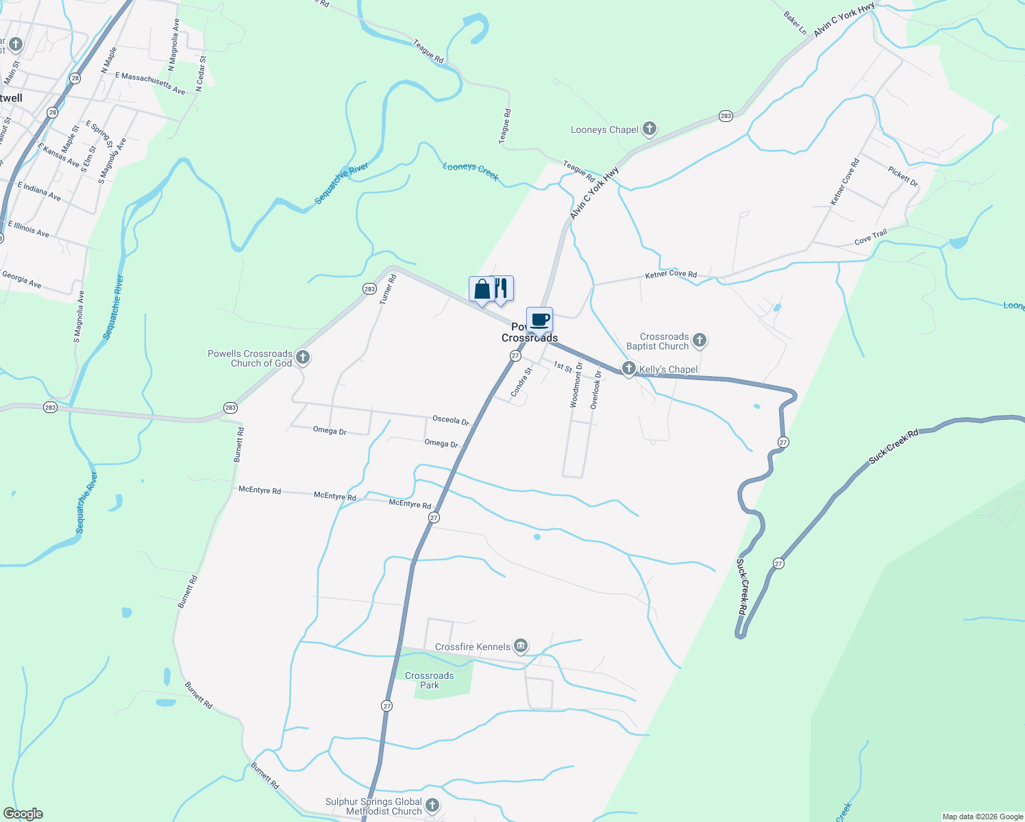 map of restaurants, bars, coffee shops, grocery stores, and more near 168 4th St in Whitwell