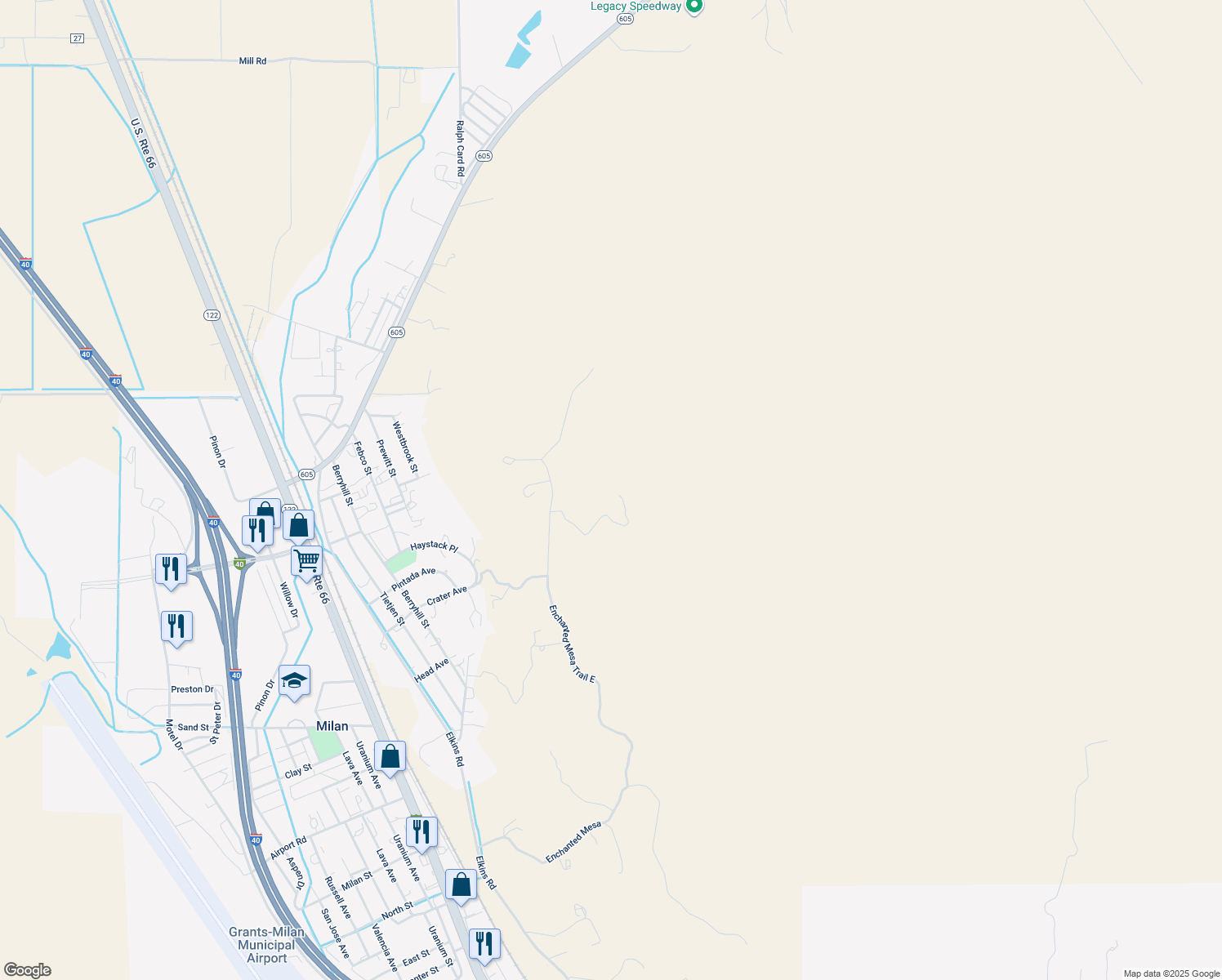 map of restaurants, bars, coffee shops, grocery stores, and more near 42 Top Mesa Road in Grants