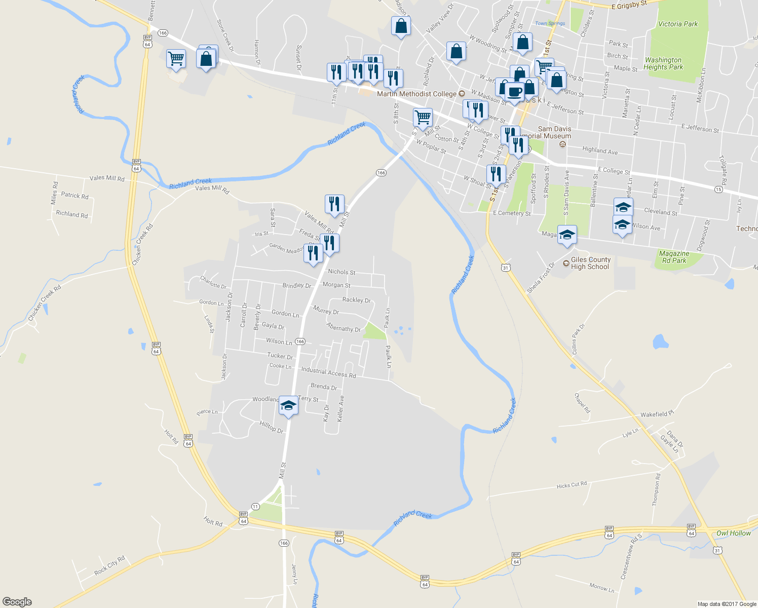 map of restaurants, bars, coffee shops, grocery stores, and more near 730 Rackley Dr in Pulaski