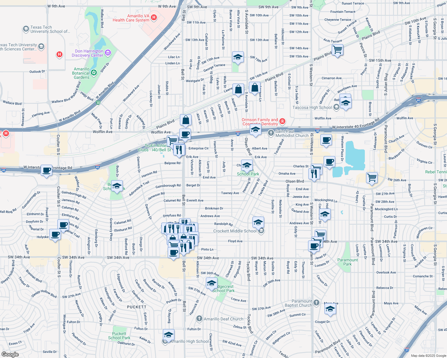 map of restaurants, bars, coffee shops, grocery stores, and more near 5309 Emil Ave in Amarillo