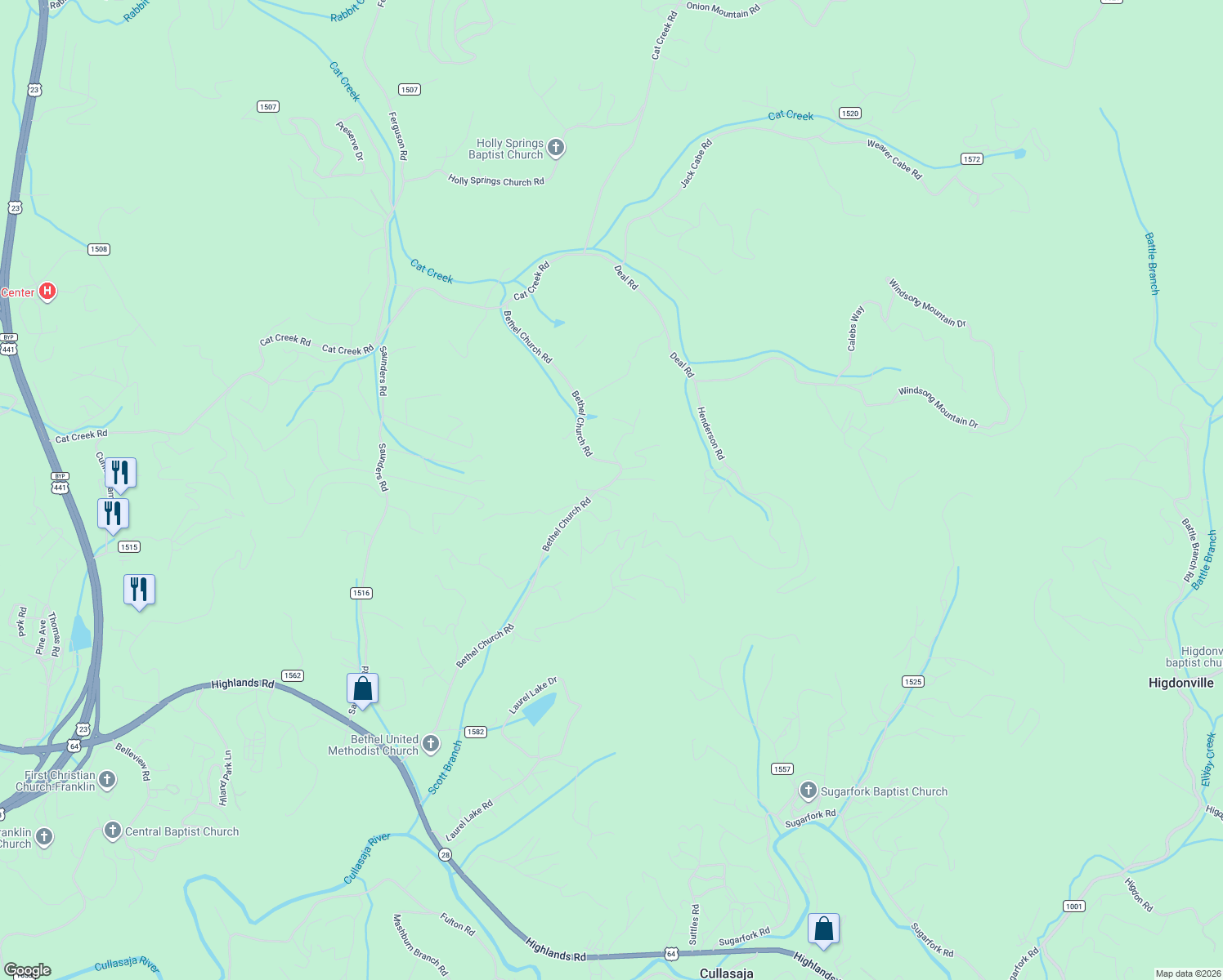 map of restaurants, bars, coffee shops, grocery stores, and more near 1041 Bethel Church Road in Franklin