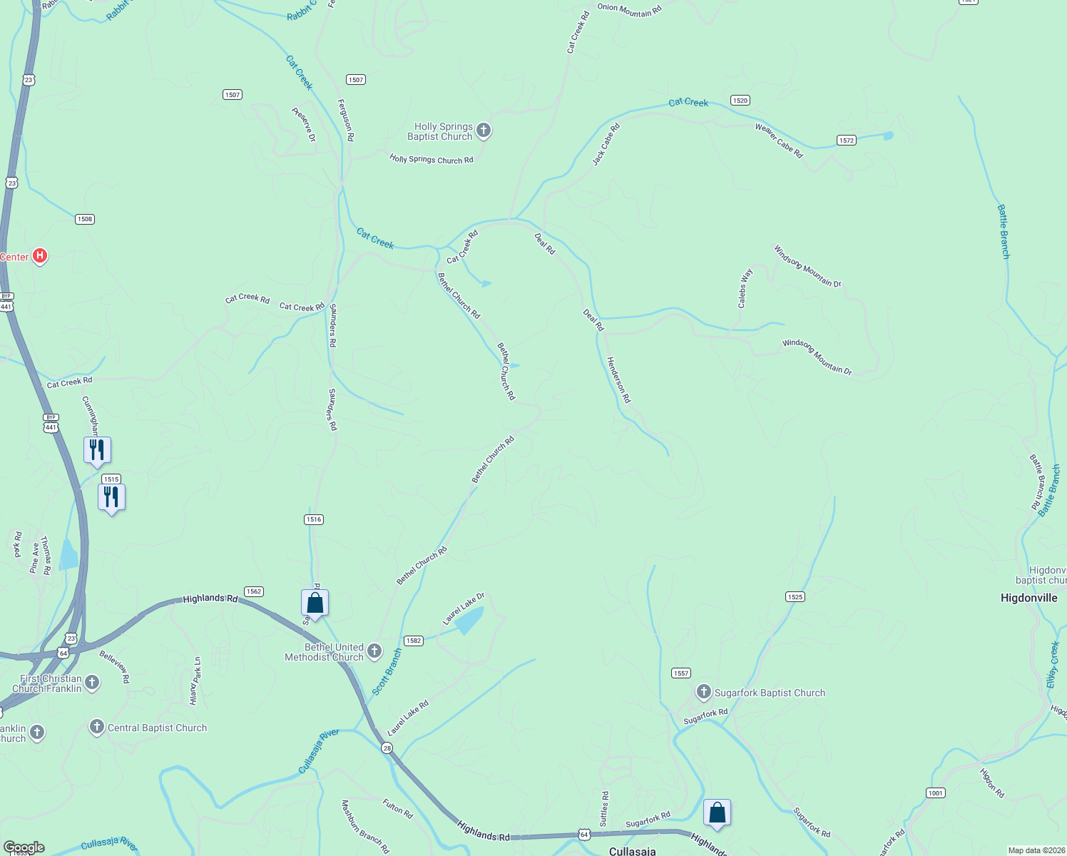 map of restaurants, bars, coffee shops, grocery stores, and more near 1041 Bethel Church Road in Franklin
