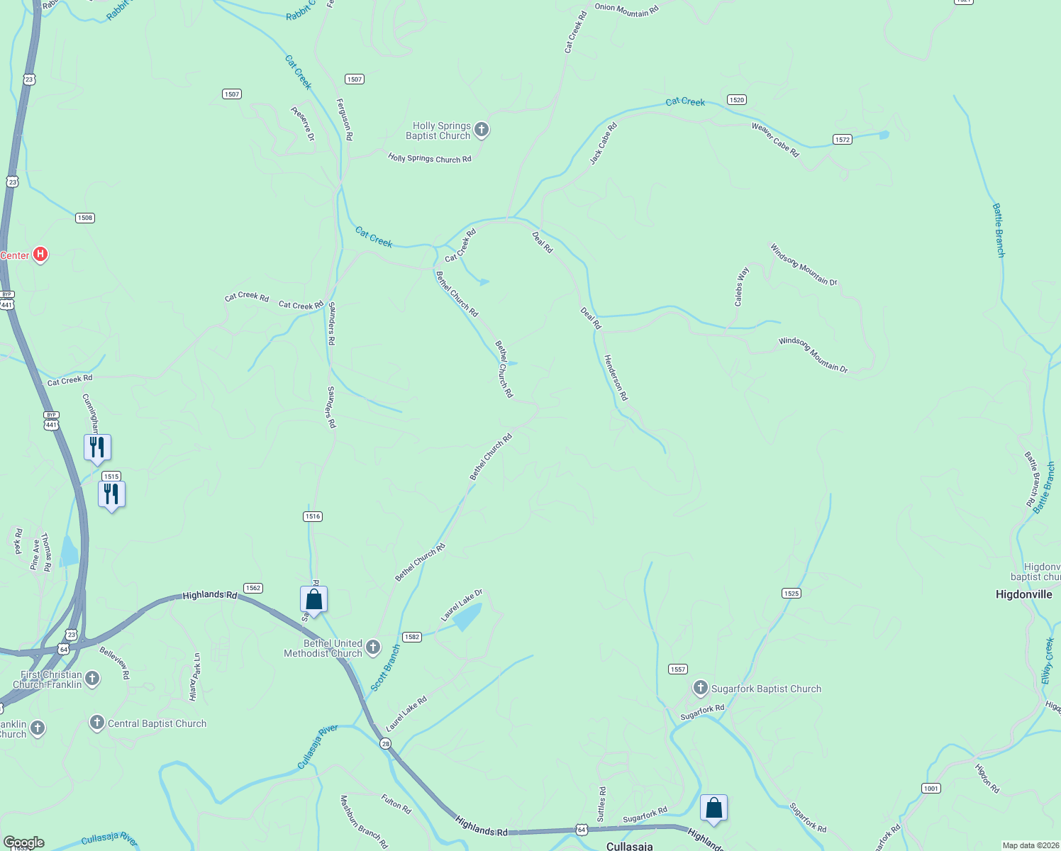 map of restaurants, bars, coffee shops, grocery stores, and more near 1041 Bethel Church Road in Franklin