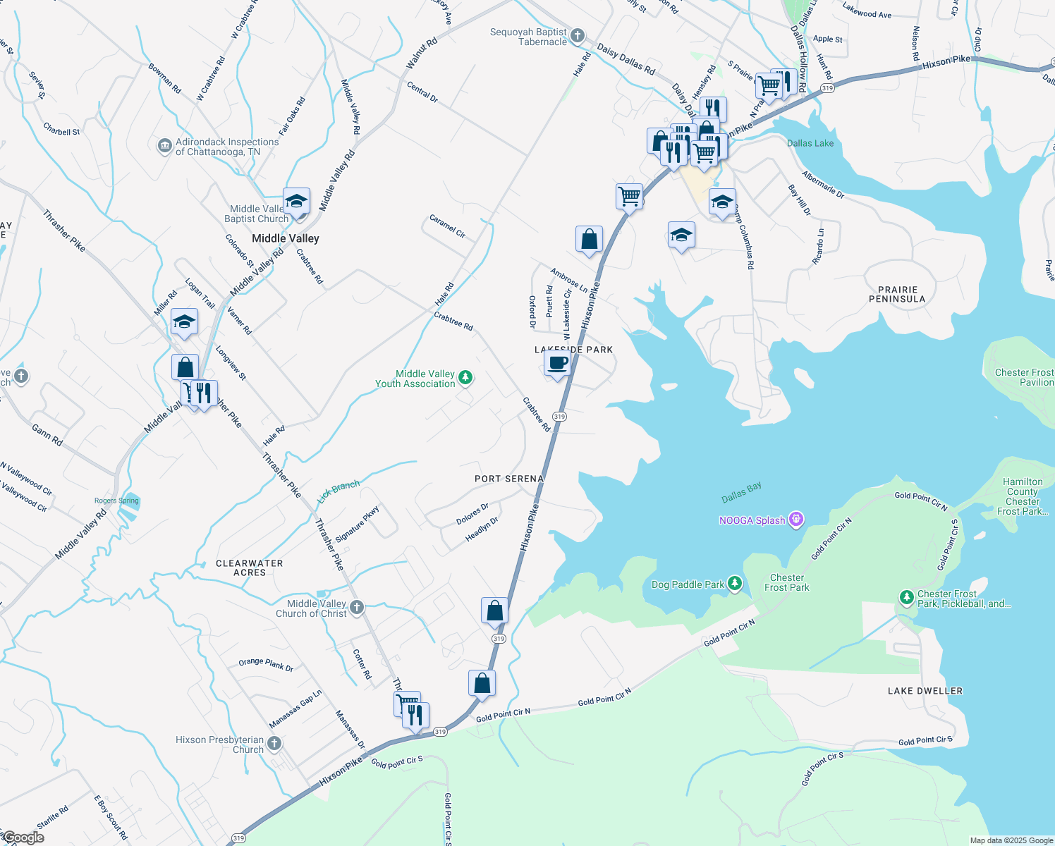 map of restaurants, bars, coffee shops, grocery stores, and more near 342 Serena Drive in Middle Valley