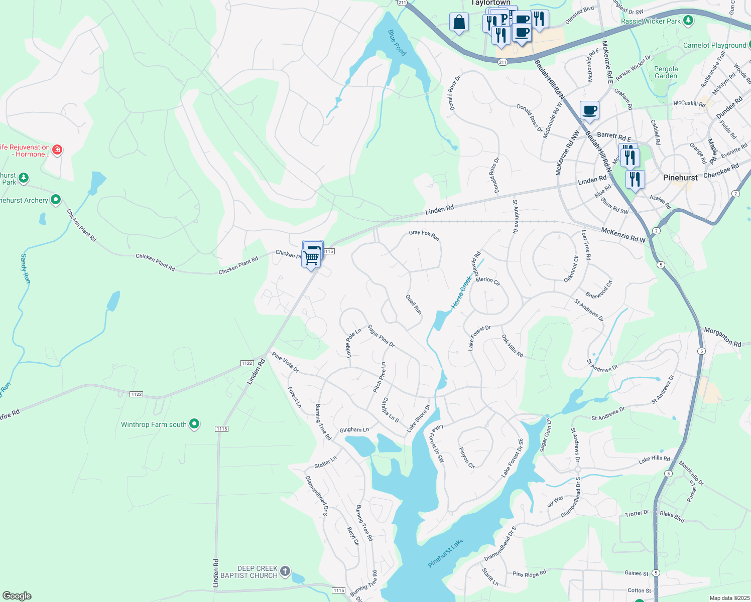 map of restaurants, bars, coffee shops, grocery stores, and more near 45 Towhee Run in Pinehurst