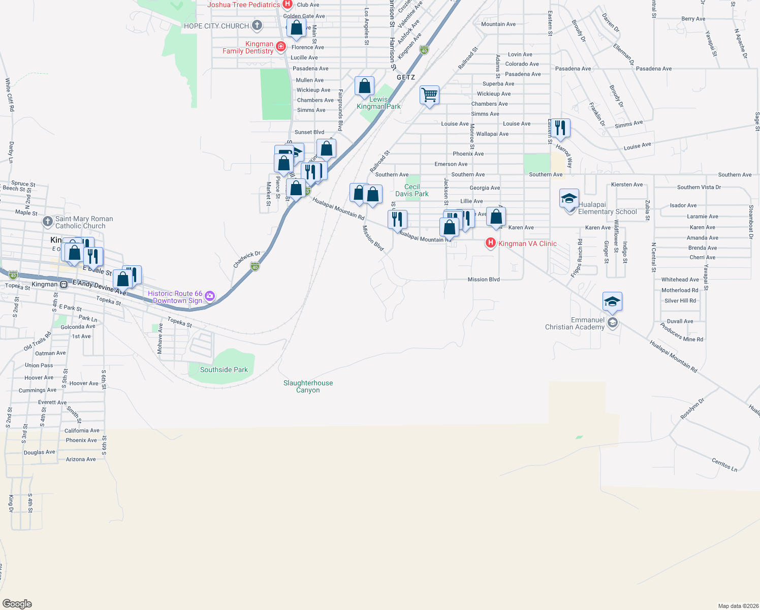 map of restaurants, bars, coffee shops, grocery stores, and more near 2187 Mesa Drive in Kingman