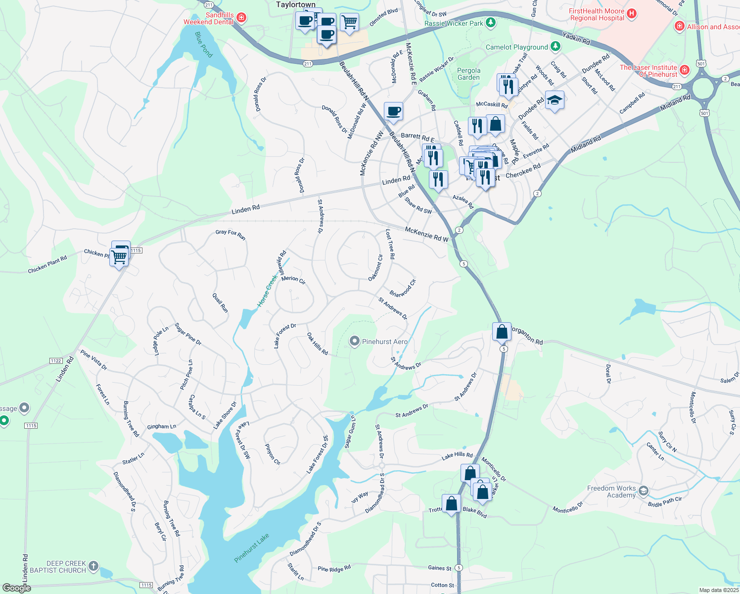 map of restaurants, bars, coffee shops, grocery stores, and more near 345 Saint Andrews Drive in Pinehurst