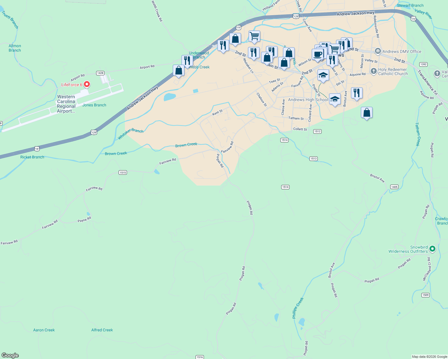 map of restaurants, bars, coffee shops, grocery stores, and more near 29 Cope Road in Andrews