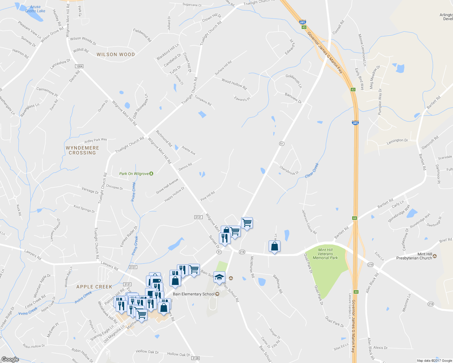 map of restaurants, bars, coffee shops, grocery stores, and more near 8314 Pine Hill Road in Mint Hill