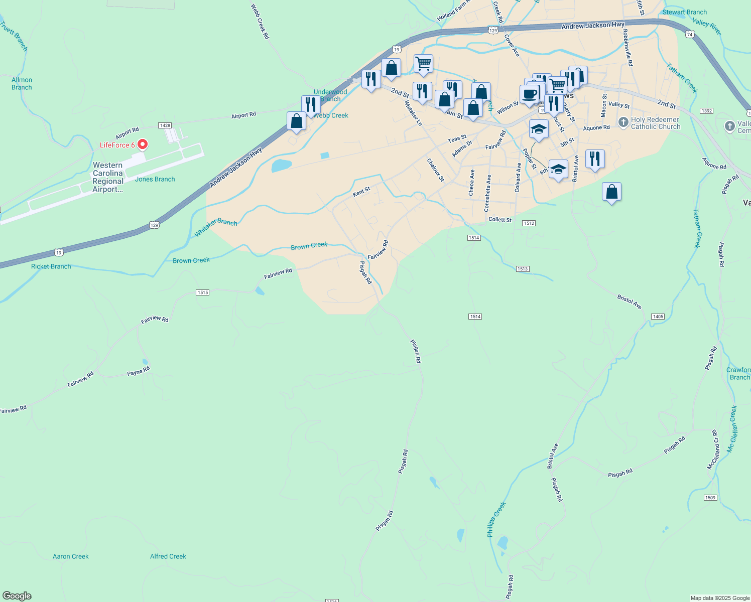 map of restaurants, bars, coffee shops, grocery stores, and more near 230 Pisgah Road in Andrews