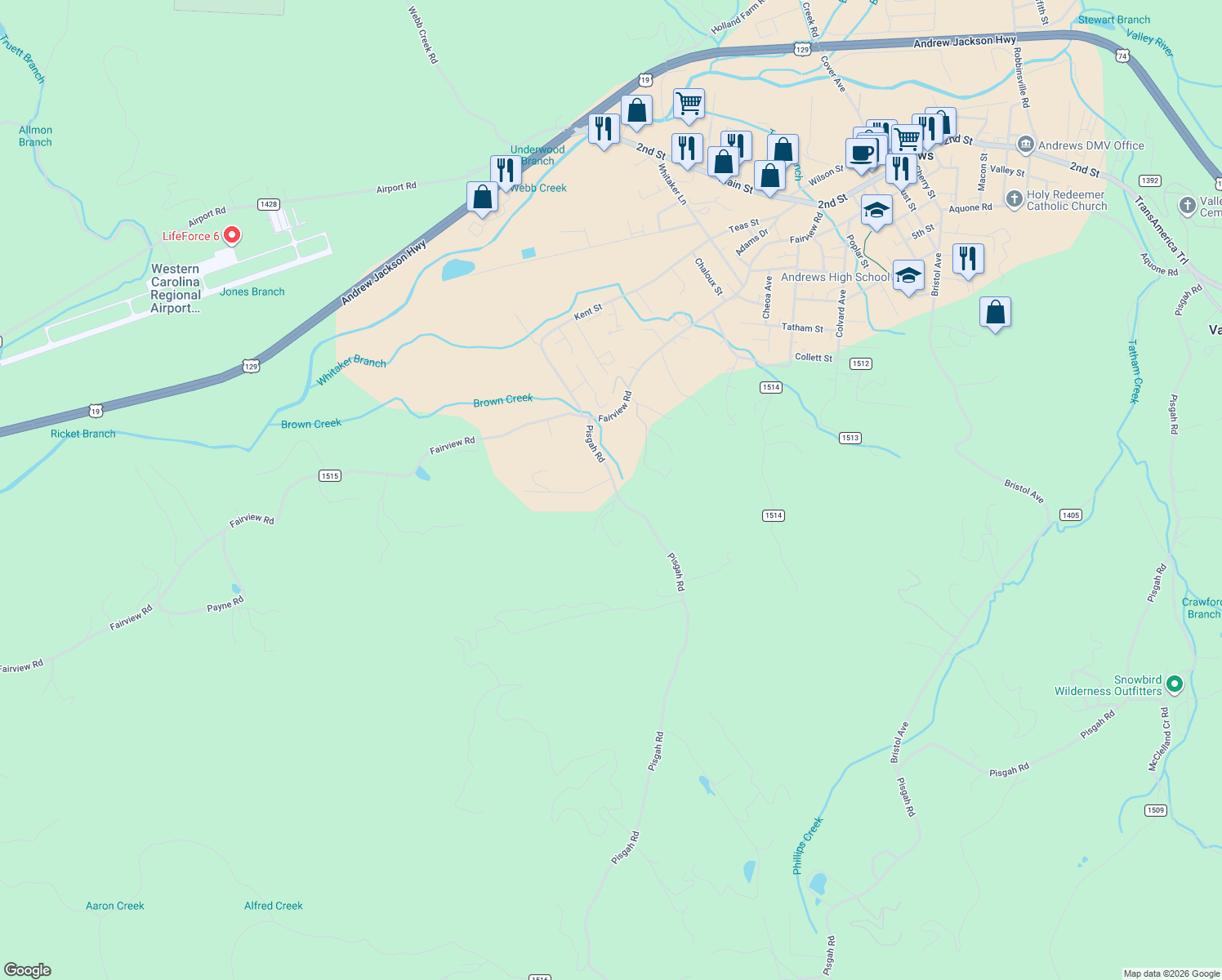 map of restaurants, bars, coffee shops, grocery stores, and more near 29 Cope Road in Andrews