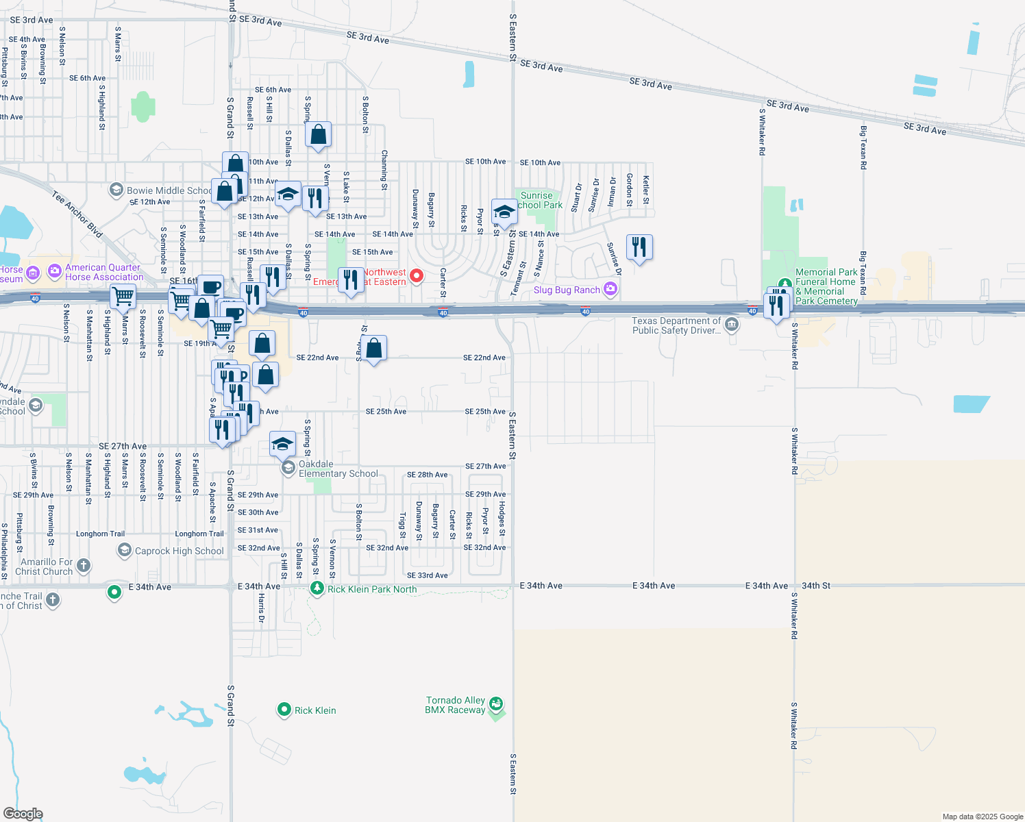 map of restaurants, bars, coffee shops, grocery stores, and more near 2498 S Eastern St in Amarillo