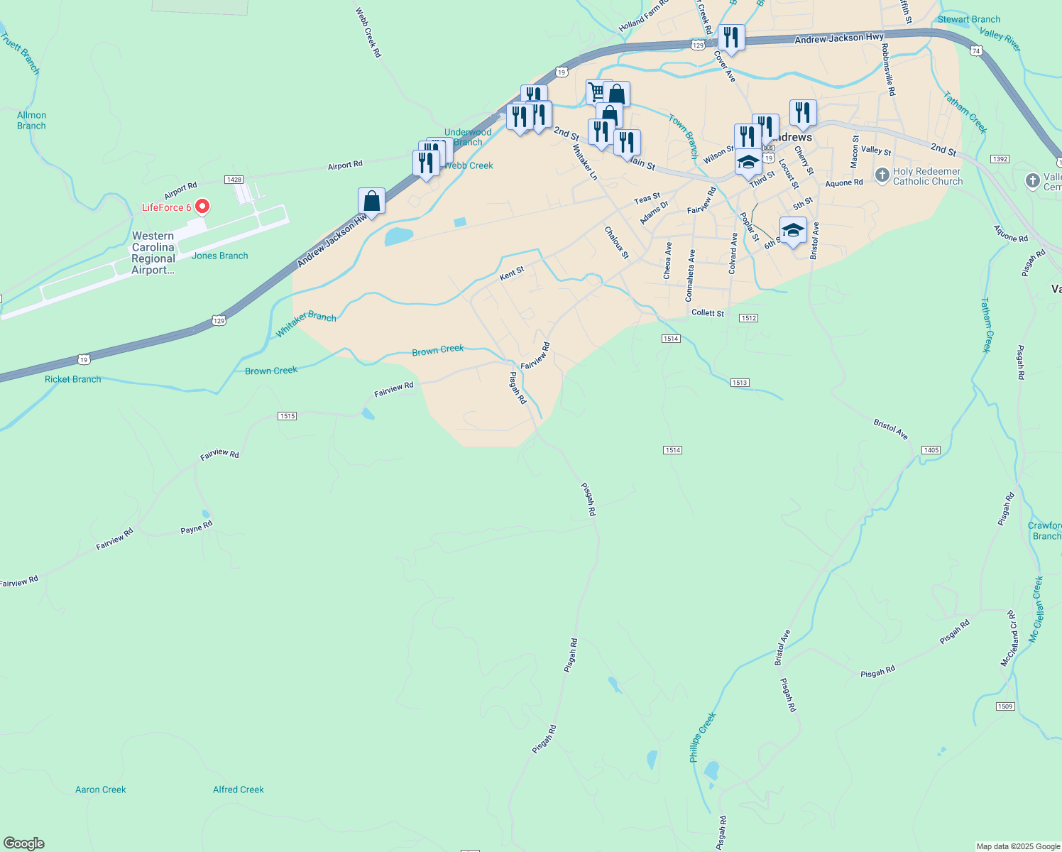 map of restaurants, bars, coffee shops, grocery stores, and more near 230 Pisgah Road in Andrews