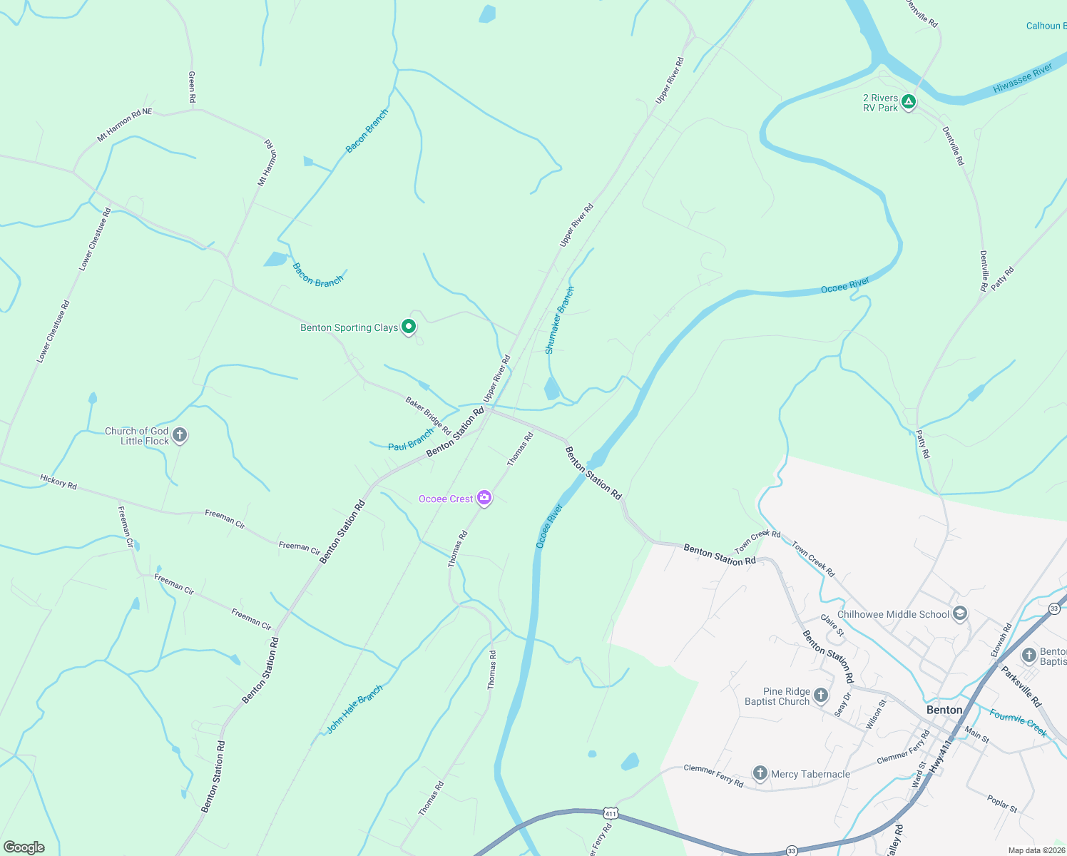map of restaurants, bars, coffee shops, grocery stores, and more near 1081 Benton Station Rd in Benton