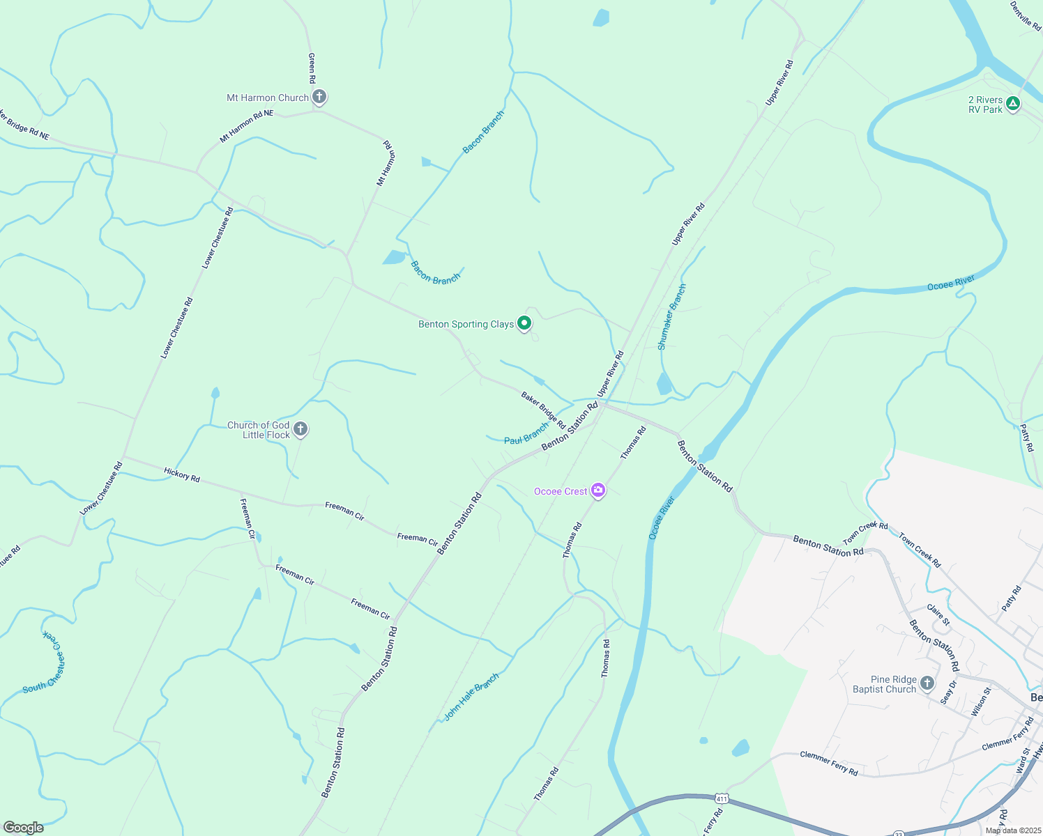 map of restaurants, bars, coffee shops, grocery stores, and more near 2414 Baker Bridge Rd NE in Benton
