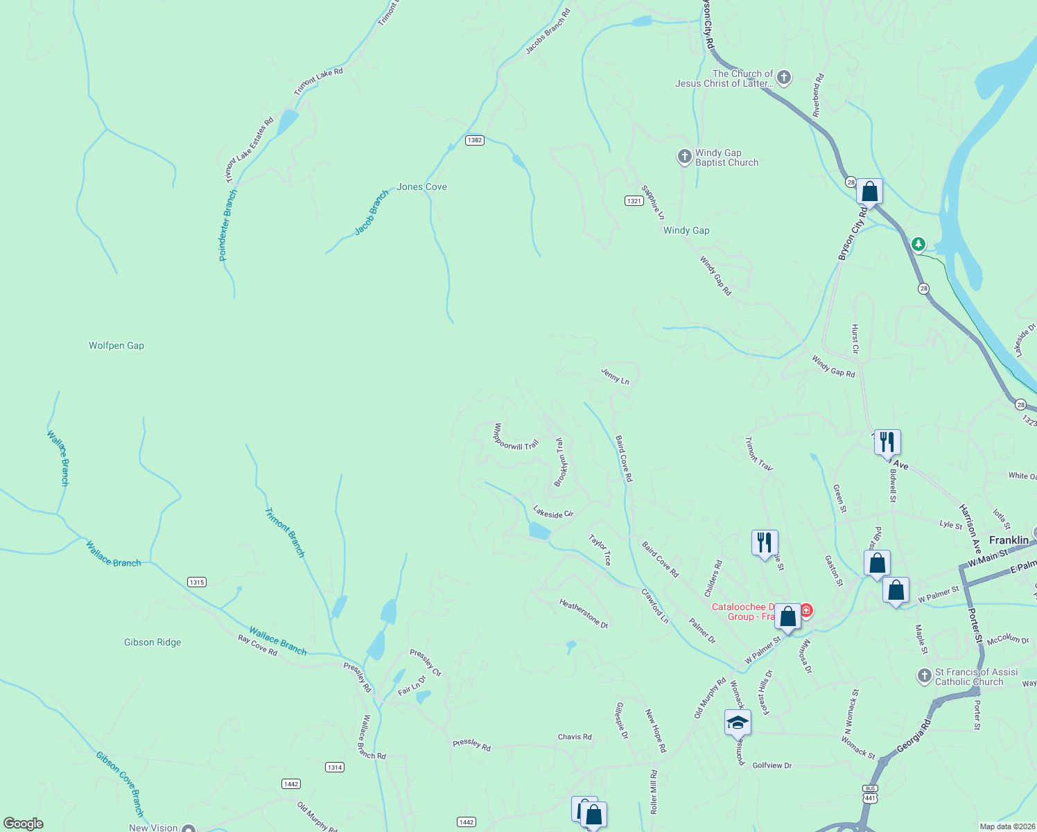 map of restaurants, bars, coffee shops, grocery stores, and more near 77 Rabbit Lane in Franklin