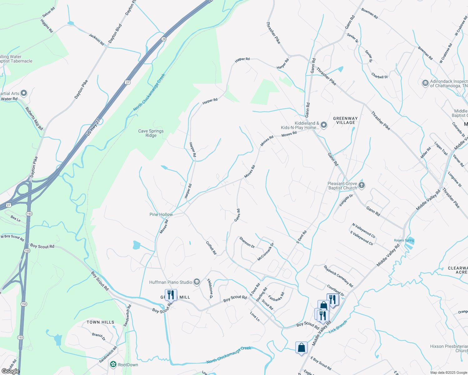 map of restaurants, bars, coffee shops, grocery stores, and more near 7448 Moses Road in Middle Valley
