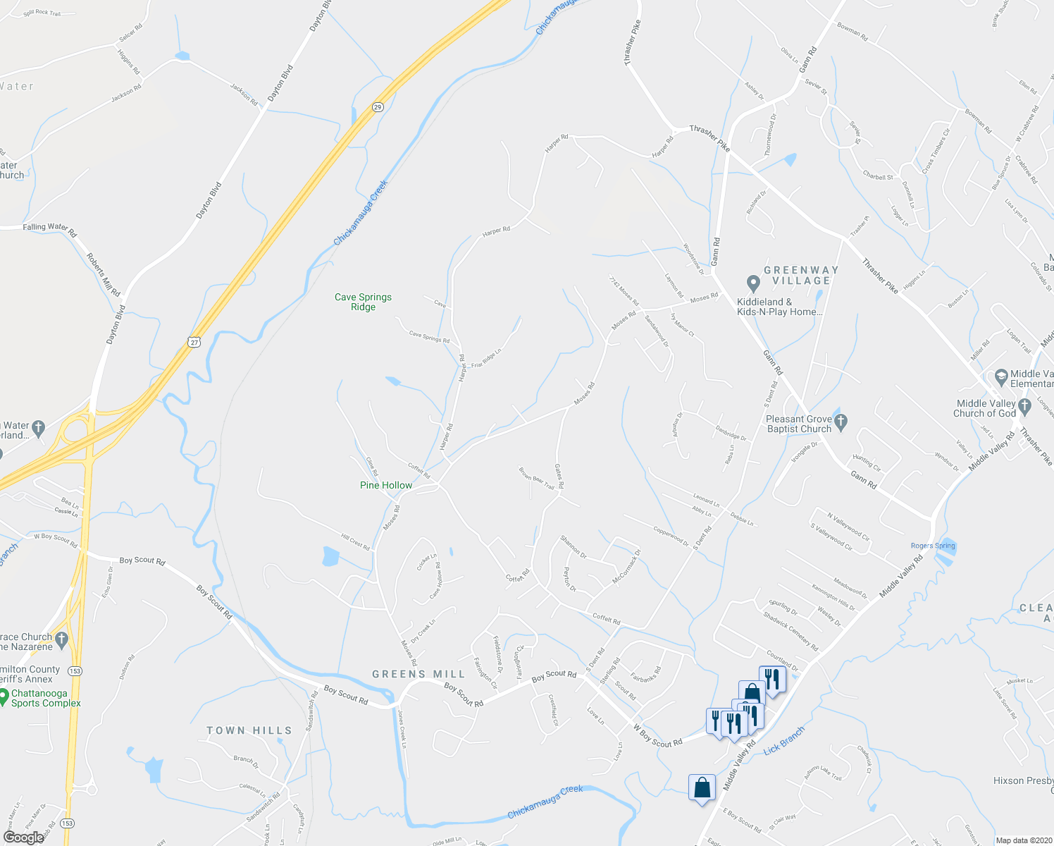 map of restaurants, bars, coffee shops, grocery stores, and more near Moses Rd in Middle Valley