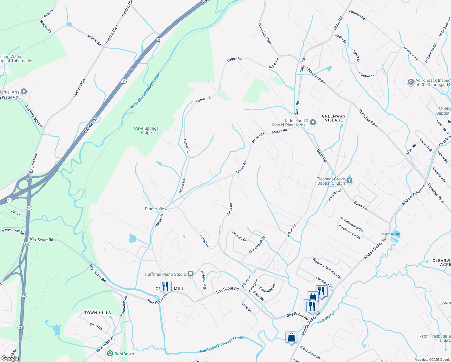 map of restaurants, bars, coffee shops, grocery stores, and more near 7448 Moses Road in Middle Valley