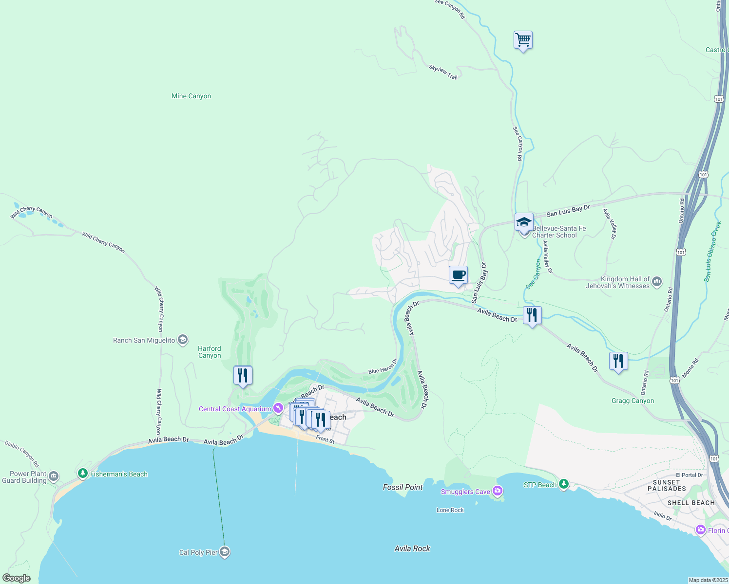 map of restaurants, bars, coffee shops, grocery stores, and more near 6470 Spotted Wood Lane in Avila Beach