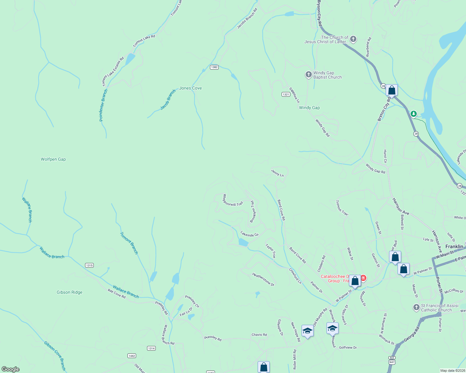 map of restaurants, bars, coffee shops, grocery stores, and more near 77 Rabbit Lane in Franklin