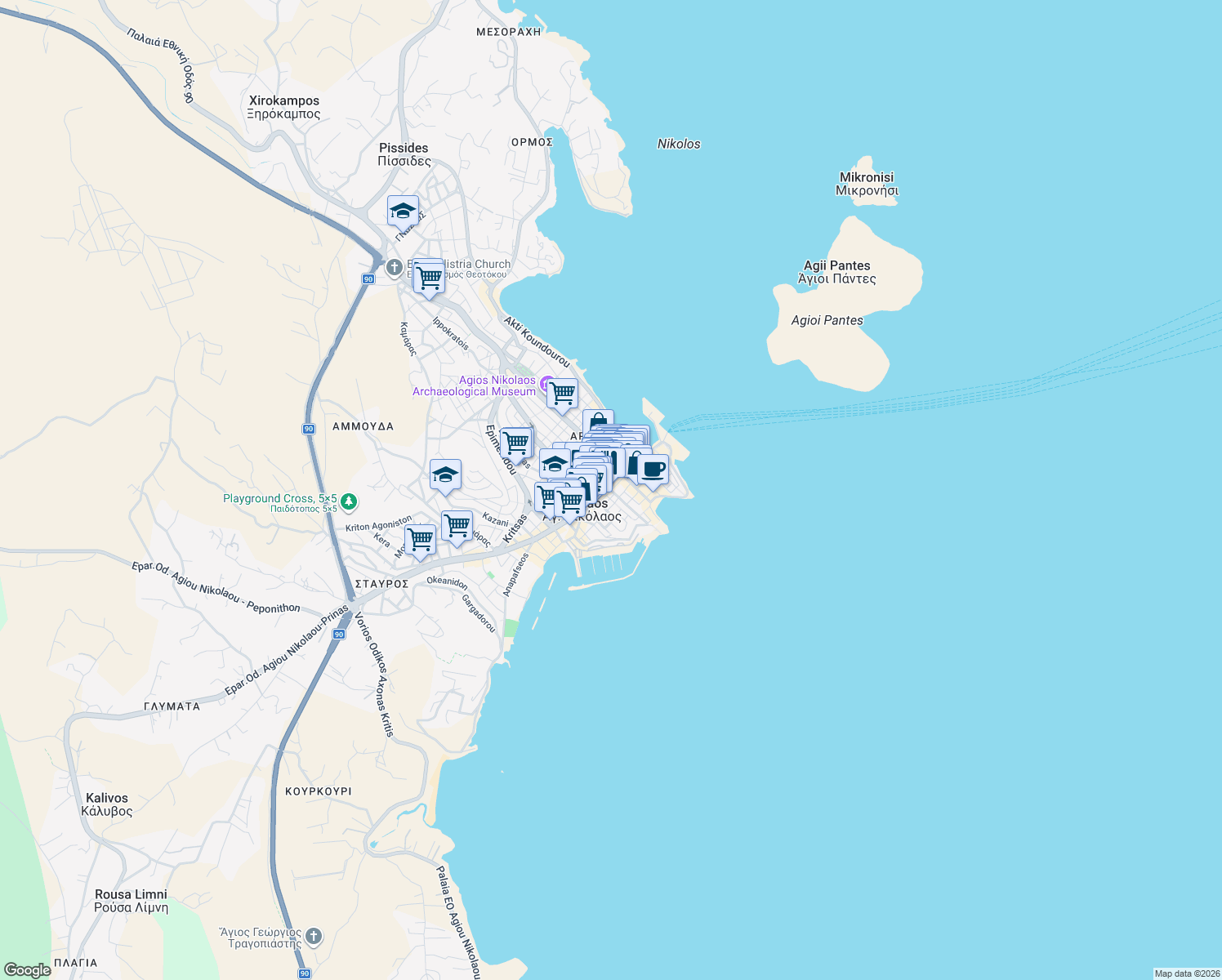 map of restaurants, bars, coffee shops, grocery stores, and more near 25is Martiou in Agios Nikolaos