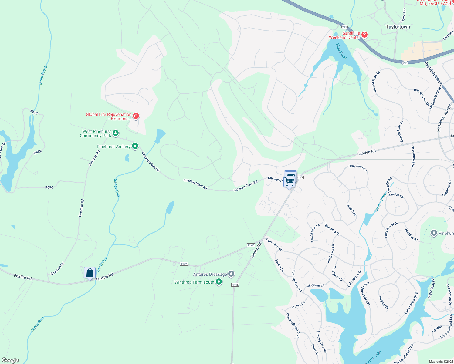 map of restaurants, bars, coffee shops, grocery stores, and more near 67 McMichael Drive in Pinehurst